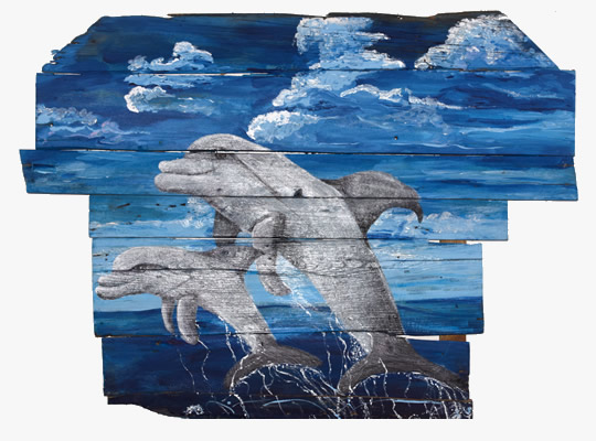 Dolphins Play In Dolphin Bay Driftwood Painting - Island Art by Yotigo